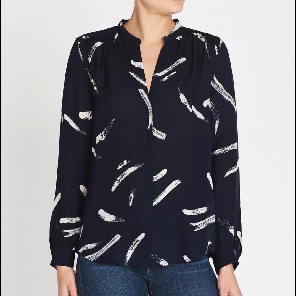Joie Mintee silk midnight blue white geometric abstract print blouse size XS